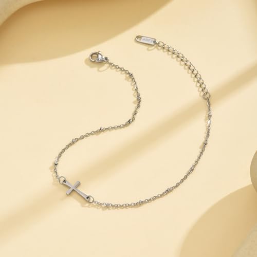 NONAMOIS Ankle Bracelets for Women Dainty 18K Gold Plated Anklet Waterproof Round Beaded Paperclip Herringbone Pearl Chain Anklets Waterproof Beach Foot Jewelry - color: Satellite Cross-White Gold
