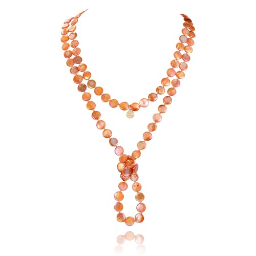 Firstmeet Flat Round Coin Shell Beads Long Knotted Necklace Natural Mother of Pearl Handmade Jewelry For Women - color: S-Orange AB