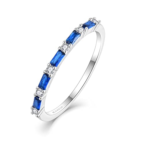 JO WISDOM 925 Sterling Silver Wedding Band for Women Thin Stacking Ring Half Cubic Zirconia Eternity Engagement Ring - color: 09-Sep-Sapphire