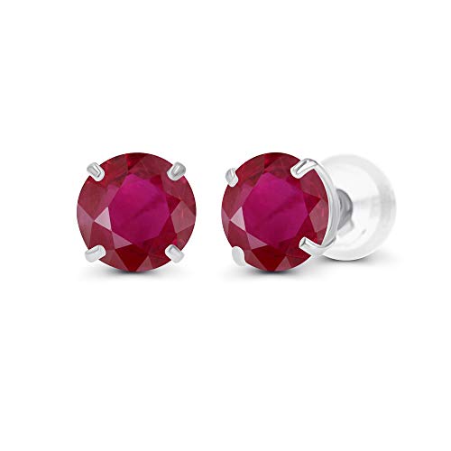 Solid 14K Yellow, White or Rose Gold 4mm Round Genuine Gemstone Birthstone Prong Set Stud Earrings For Women - color: Ruby Genuine