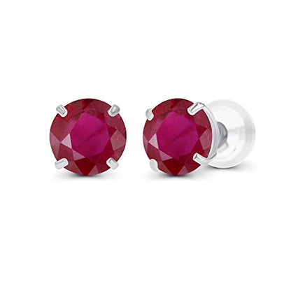Solid 14K Yellow, White or Rose Gold 4mm Round Genuine Gemstone Birthstone Prong Set Stud Earrings For Women - color: Ruby Genuine