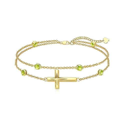 Midari 18K Yellow Gold Gemstone Birthstone Anklet Bracelet Cross Jewelry with 12 Months Birthstone Birthday Gifts for Women Wife Her Daughter Mom - color: 08-Aug-Peridot, size: Bracelet 7"-9"