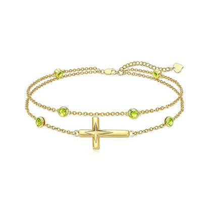 Midari 18K Yellow Gold Gemstone Birthstone Anklet Bracelet Cross Jewelry with 12 Months Birthstone Birthday Gifts for Women Wife Her Daughter Mom - color: 08-Aug-Peridot, size: Bracelet 7"-9"