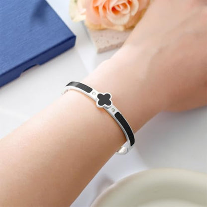 Clover Bracelets for Women Gold and Silver Chunky Oval Clover Bangle | 18k Gold Plated Stainless Steel,Precision Polished Non Tarnish,Black/White/Red/Pink/Orange Clover Bracelet Gifts for Women - color: Silver Black