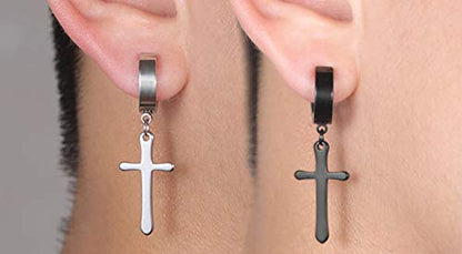Non-pierced Earrings Set for Men Women Cross Titanium Steel Hoop Dangle Clip On Earring - style: set of 2 pairs