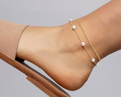 Gold Ankle Bracelets for Women, Dainty 14K Gold Plated Anklets for Women Waterproof Cuban Link Chain Pearl Anklet Set Trendy Layered Stackable Ankle Bracelet Non Tarnish Jewelry for Her - color: A0084