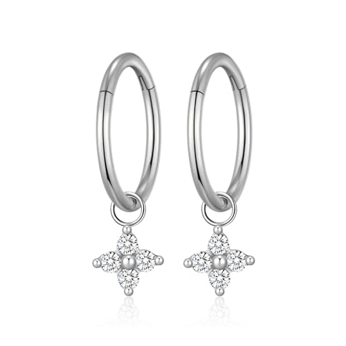 Ourania 16G Gold Stainless Steel Zircon Dangle Huggie Hoop Rook Piercing Helix Hoop Earring Tragus Hoop Cartilage Piercing for Women - color: Round Flower Silver 2PCS, size: 1.2*10mm 2pcs