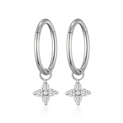 Ourania 16G Gold Stainless Steel Zircon Dangle Huggie Hoop Rook Piercing Helix Hoop Earring Tragus Hoop Cartilage Piercing for Women - color: Round Flower Silver 2PCS, size: 1.2*10mm 2pcs