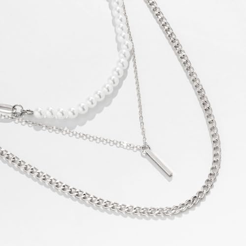 Layered Gold Necklaces for Women Stackable Pearl Paperclip Chain Necklaces Adjustable Dainty Bar Pendant Necklaces Trendy Everyday Jewelry Gifts - color: Silver