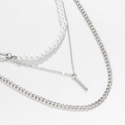 Layered Gold Necklaces for Women Stackable Pearl Paperclip Chain Necklaces Adjustable Dainty Bar Pendant Necklaces Trendy Everyday Jewelry Gifts - color: Silver