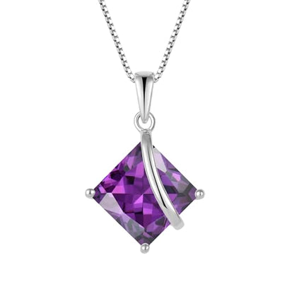 Square Princess Cut Necklace 925 Sterling Silver Solitaire Pendant Necklace Birthstone Jewelry Gifts for Women - color: 02 February - Amethyst
