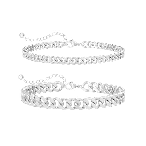 Ankle Bracelets for Women Waterproof 14K Gold/Silver Plated Chain Anklets | Trendy Gold Anklets,Layered 14K Gold Plated Stackable Chunky Cuban Link Chain Anklet Bracelet Set,Summer Beach Jewelry Gift - color: 2 cuban-sl