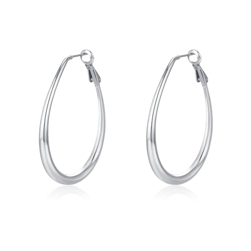 Lightweight Oval Hoop Earrings for Women - 14K Gold Plated, Rose Gold Plated and Sterling Silver Plated Large Oblong Hoop Earrings for Women Statement Jewelry Gift - color: silver