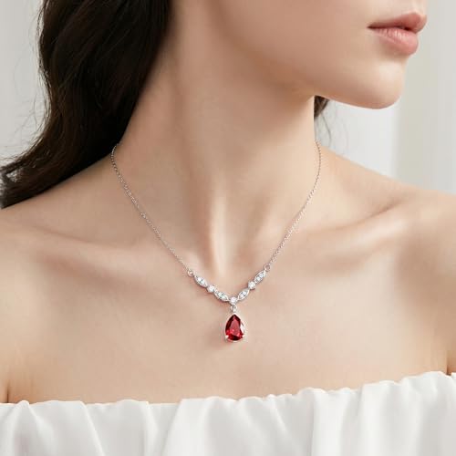 Platinum Plated Cubic Zirconia Teardrop Pendant Necklace Dangle Earrings Set, Silver Jewelry Set for Women,Wedding Jewelry Set for Bride,Bridesmaid Jewelry Gift, Gift for Valentine's Day, Birthday - color: A-Red