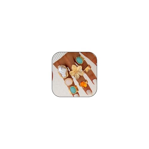 Chunky Gold Rings for Women Non Tarnish 6 PCS Vintage Stackable Flower Baroque Pearl Rhinestone Rings set Adjustable Trendy Statement Jewelry - color: Pink white blue brown