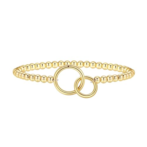 Beaded Bracelets for Women 14K Silver Gold Plated Stretch Handmade Ball Bracelets Cute Charm Bracelet Dainty Stackable Cross Heart Bow Wave CZ Circle Trendy Jewelry Easter Gifts - color: double-circle