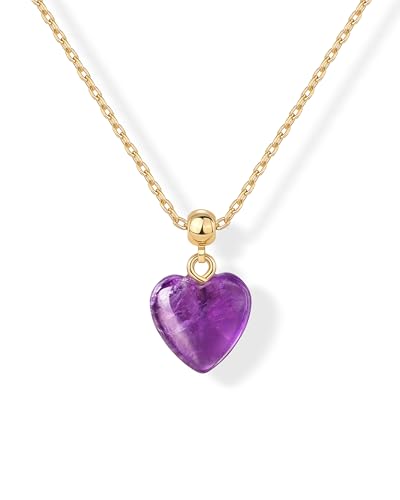 PAVOI Gemstone Charm Necklace for Women - 14K Gold Plated Pendant Necklaces | Dainty Gemstone Necklaces with Cute Charms Set and Adjustable Chain, Trendy Healing Crystal Pendants - style: Heart - Amethyst