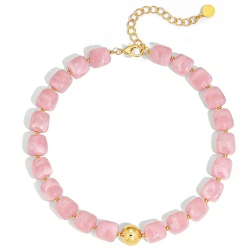 Multicolor Beaded Necklace,Chunky Cube Beaded Statement Necklace, Boho Resin Choker Necklace for Women,Lightweight & Cool, Suitable for Beach, Vacation, Daily Wear & Summer Parties - color: Pink