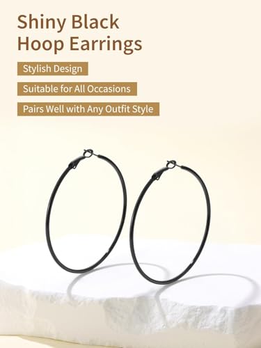 FindChic Thin Hoop Earrings for Women,Silver/Black/Gold Plated 20-100mm - color: Black, size: 60mm