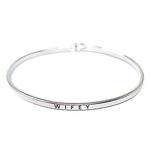 by you Inspirational Positive Message Engraved Thin Cuff Bangle Hook Bracelet - color: Wifey-Silver