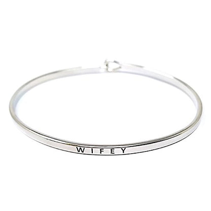 by you Inspirational Positive Message Engraved Thin Cuff Bangle Hook Bracelet - color: Wifey-Silver