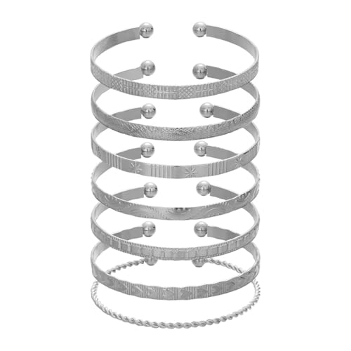 7Pcs Gold Bangle Bracelets for Women 14k Gold Plated Stackable Cuff Bracelet Set Simple Trendy Opening Cuff Bangle Bracelets Bracelet Minimalist Layering Jewelry Gift Set - color: Silver