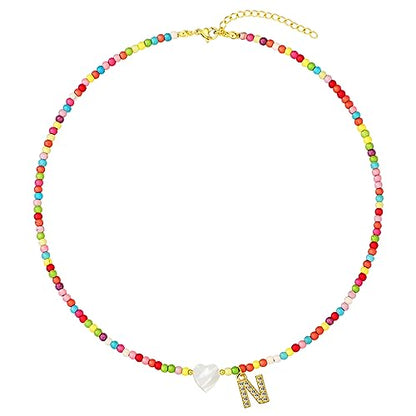 MJartoria Initial Necklaces for Women, Colorful Beaded Necklace, Shell Beach Necklace Letter Choker Handmade Jewelry Gifts - style: N