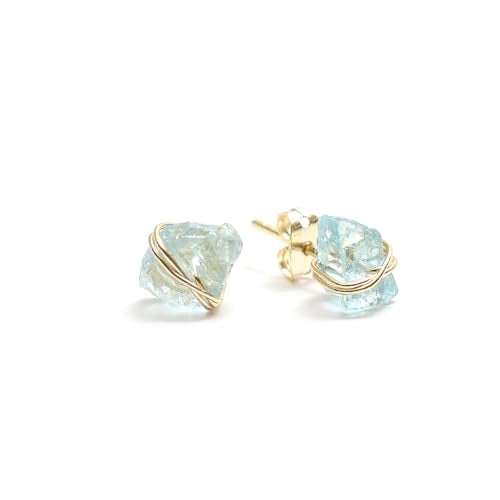 Gempires Wire Wrapped Raw Gemstone Stud Earrings for Women, Birthstone | Handmade wire-wrapped raw gemstone stud earrings — choose from stones and birthstones, artisan raw crystals on gold. - style: Aquamarine