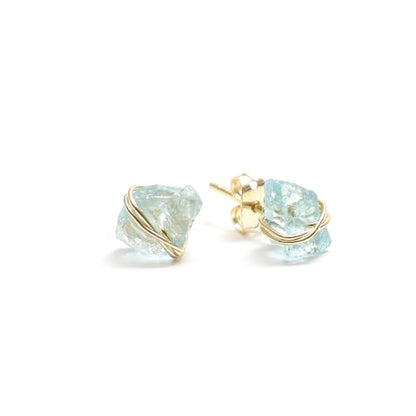Gempires Wire Wrapped Raw Gemstone Stud Earrings for Women, Birthstone | Handmade wire-wrapped raw gemstone stud earrings — choose from stones and birthstones, artisan raw crystals on gold. - style: Aquamarine