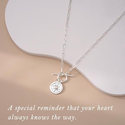 Gold Silver Necklace for Women, Dainty Cubic Zirconia Pendant | Teardrop CZ Charm, 14K Gold/Sterling Silver Plated, Adjustable Chain, Hypoallergenic & Waterproof Jewelry, Cute Trendy Gift - color: Silver-Compass/paperclip toggle chain