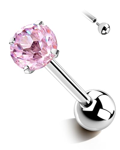 G23 Solid Titanium Tongue Ring Barbell 14G Firework CZ Bar Tongue Rings Surgical Steel Toungue Piercing - color: Pink