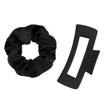 YISSION Claw Clip and Satin Scrunchie Set, 2 Pack Black Hair Accessories, No Damage Hair Ties Non Slip Large Hair Clips for Women Girls Thick Thin Hair Daily Wear Party Wedding - color: Black