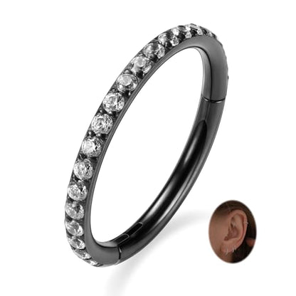 PEAKLINK Nose Ring 316L Surgical Steel Helix Cartilage Conch Earring with Gem Septum Clicker Daith Rook Tragus Lip Belly Ear Lobe Piercing Jewelry Nose Hoop, Diameter 5mm to 12mm - color: Black with Clear CZ