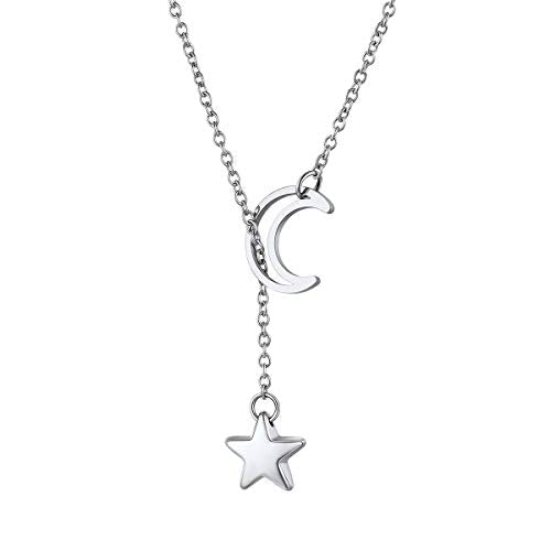 FOCALOOK Heart Lariat Necklaces for Women, Long Slip Chain Necklace | Hypoallergenic 316L Stainless Steel Silver/Black/Gold Plated, Front Slider Closure, Non Tarnish, Layered look, Everyday Wear - color: 18:Silver Star Moon