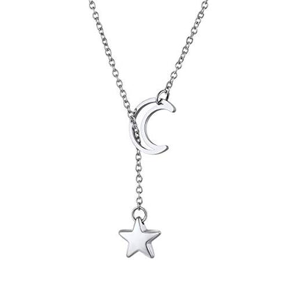 FOCALOOK Heart Lariat Necklaces for Women, Long Slip Chain Necklace | Hypoallergenic 316L Stainless Steel Silver/Black/Gold Plated, Front Slider Closure, Non Tarnish, Layered look, Everyday Wear - color: 18:Silver Star Moon