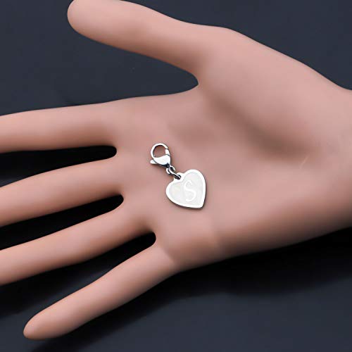 FAADBUK Initial Letter A-Z Alphabet Heart Charms for Jewelry Bracelet Keychain Necklace Initial Stainless steel Clasp Clip on Charm - color: intial S