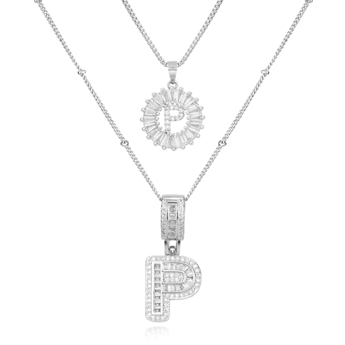 14K Gold Plated Alphabet Necklace Cubic Zirconia Letter Pendant, Personalized Name Jewelry Gift for Women, Customizable A-Z, Birthday/Mothers Day Gifts for Womens - color: White Gold, style: Style-P