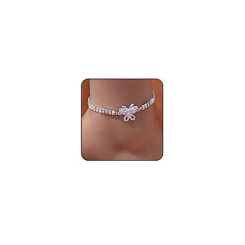 Sora Tuki Ankle Bracelets for Women Tennis Rhinestone Anklets for Women Butterfly Heart Star Cross Anklet Bracelet for Women Plus Size Anklet Bracelets for Big Ankle Beach Foot Jewelry - style: 3 - small butterfly