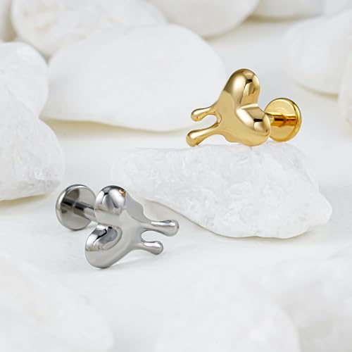 ASTM F136 Titanium Halloween Piercing Jewelry 16G 6mm 8mm, Cartilage Flatback Earring Stud for Helix Conch, Hypoallergenic, Nickel free - color: Molten Heart - Gold