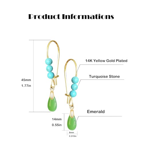 Natural Waterdrop Stone Drop Earrings,Gold Plated Real Genuine Teardrop Crystal Quartz Gemstone Pin Hoop Earrings Hooks Statement Dangle Dangling Earrings for Women Her - color: A02_Emerald