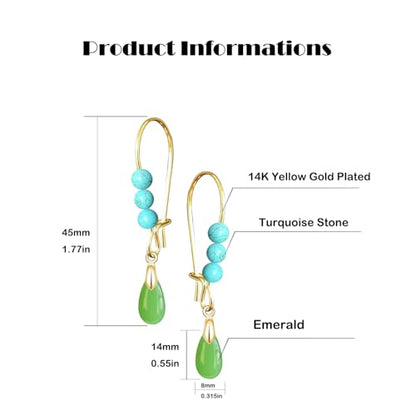 Natural Waterdrop Stone Drop Earrings,Gold Plated Real Genuine Teardrop Crystal Quartz Gemstone Pin Hoop Earrings Hooks Statement Dangle Dangling Earrings for Women Her - color: A02_Emerald