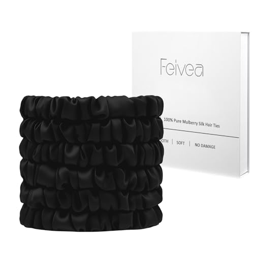 22 Momme 100% Silk Hair Ties, 6PCS No Damage Scrunchies for Women | 100% Pure Mulberry Silk Hair Ties, No Crease No Damage, Soft Gentle for Hair Care, Suitable for Sleeping, Black - color: Black*6