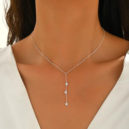 925 Sterling Silver Lariat Necklace for Women | Cubic Zirconia Long Necklace 14k Gold Plated Trendy Y Shape Drop Pendant Necklace for Mother Daughter Birthday Jewelry Gifts - color: Silver