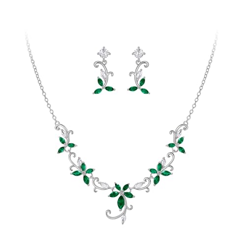 Crysdue Flower Leaf Wedding Jewelry Set for Bridal Bridemaid, Cubic Zirconia Teardrop Elegant Silver/14K/Rose Gold Plated Vine Necklace Dangle Earrings for Prom Party - style: A_Green