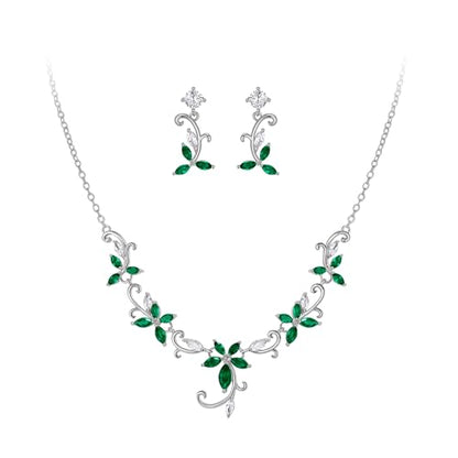 Crysdue Flower Leaf Wedding Jewelry Set for Bridal Bridemaid, Cubic Zirconia Teardrop Elegant Silver/14K/Rose Gold Plated Vine Necklace Dangle Earrings for Prom Party - style: A_Green