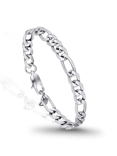 PROSTEEL Bracelets for Men, Figaro/Cuban Mens Bracelet, Silver/Gold/Black | 6/9/13mm Width, 7.5/8.3/9" Length, Stainless Steel Mens Bracelet, Durable & Non Tarnish, Chunky Jewelry with Gift Box - style: A 6mm-Figaro-Sliver