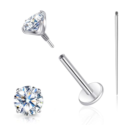 Limerencia Moissanite Internal Thread 18G Titanium Earrings, Hypoallergenic F136 Titanium Flat Back Piercing Studs, VVS1 Lab-created Moissanite Studs for Women Men Tragus Helix Cartilage Conch Labret - color: Silver, size: 4mm-0.6ct(0.3ct Each)