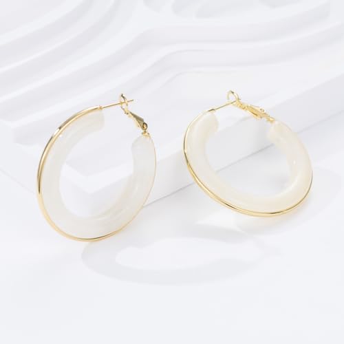 Chunky Gold Resin Hoop Earrings Leverback Statement Huggie Hoops Dangle Drop Dressy Earring Prom Festival Vacation Jewelry for Women - color: White, size: Hoop