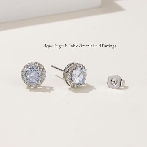 Cubic Zirconia Stud Earrings for Women Men 14K Gold-Plated Halo Stud Earrings Hypoallergenic Earrings CZ Halo Stud Earrings for Sensitive Ears - style: B-SILVER