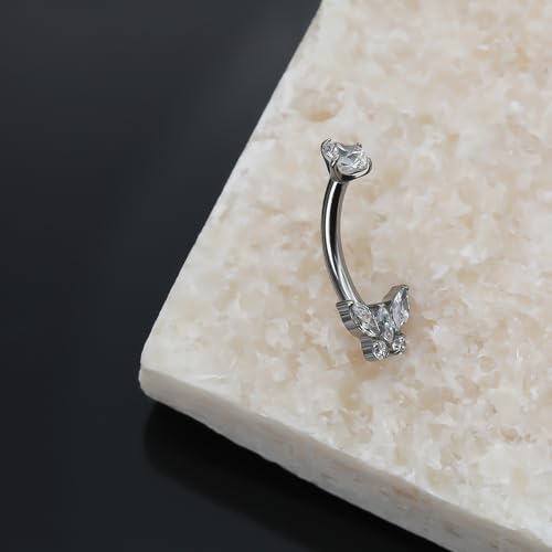 XUU Titanium Belly Button Rings 14G, Implant-Grade Navel Piercing, Luxury CZ Shape with Flower Butterfly, Hypoallergenic Curved Barbell Jewelry for Women, Gold or Silver - style: Butterfly-Silver